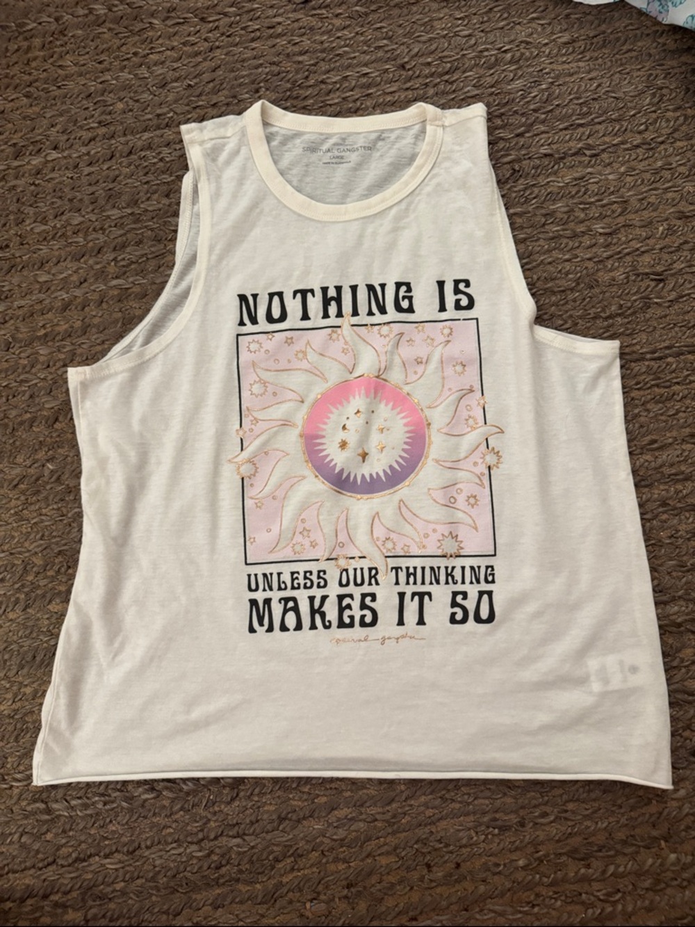 Spiritual Gangster Cream Graphic Tank Top with Pink & Purple Sun